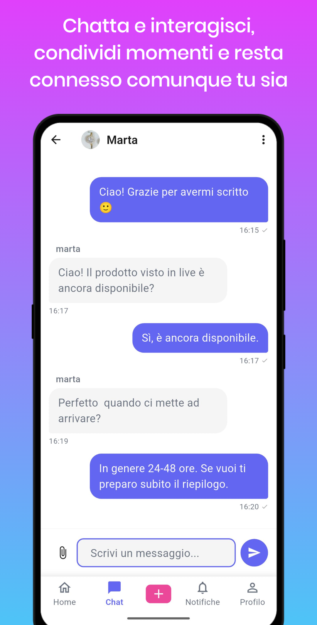 Chat privata Sellyfy tra venditore e cliente.