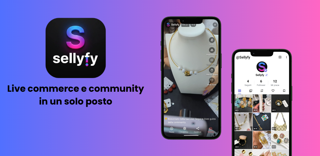 Anteprima Sellyfy con branding app, live e profilo.
