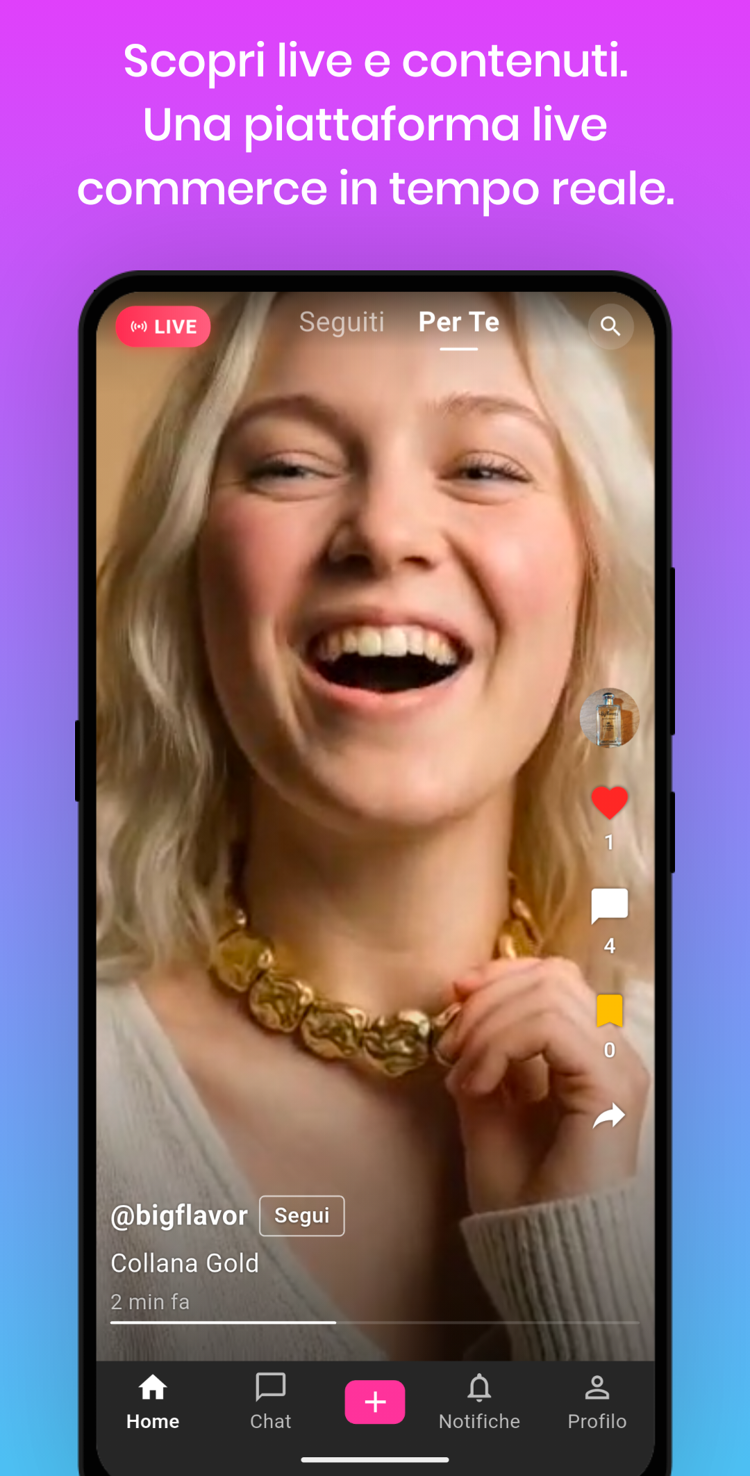 Feed home Sellyfy con contenuti video e interazioni social.