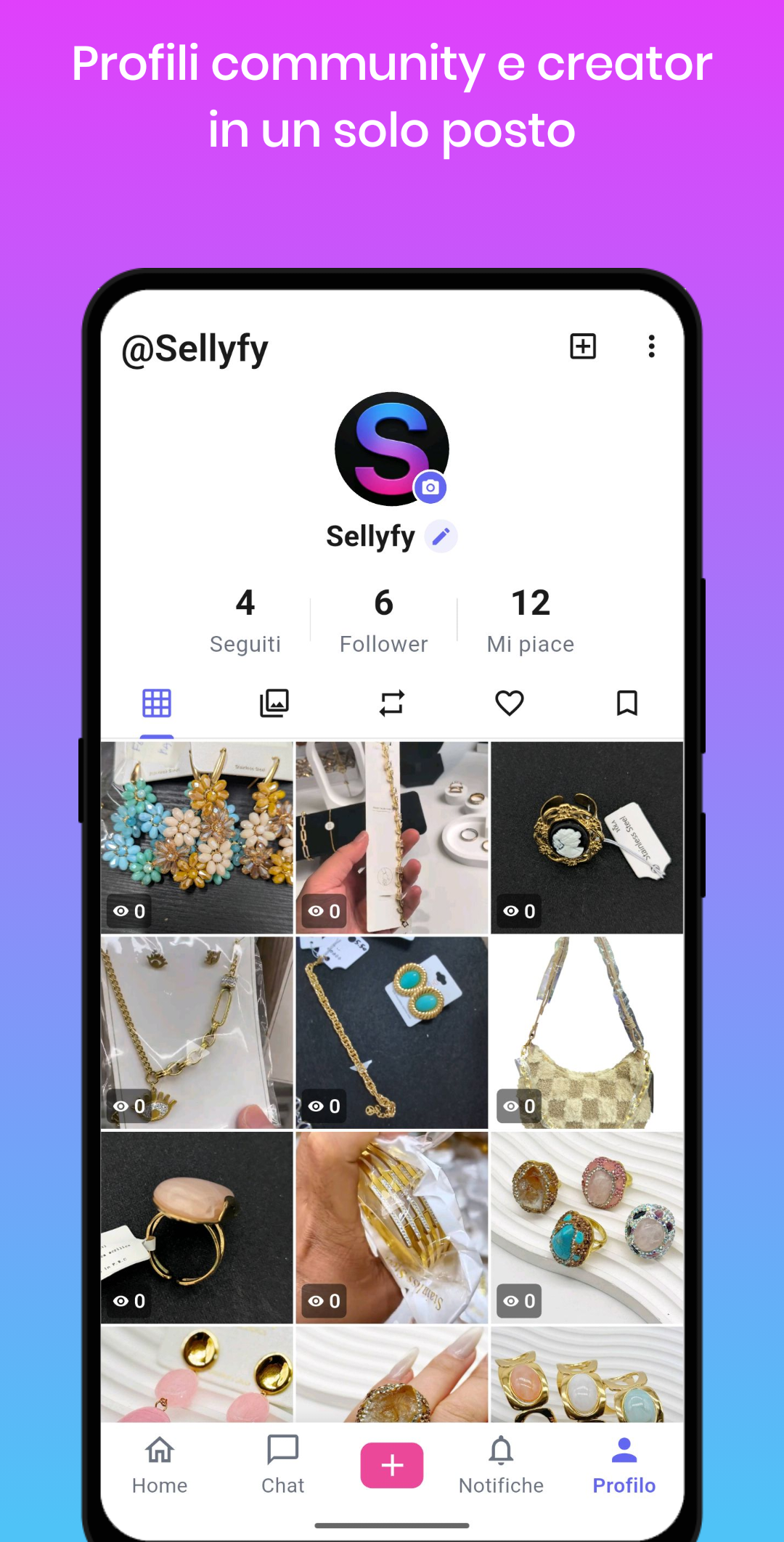 Profilo Sellyfy con griglia contenuti e metriche account.