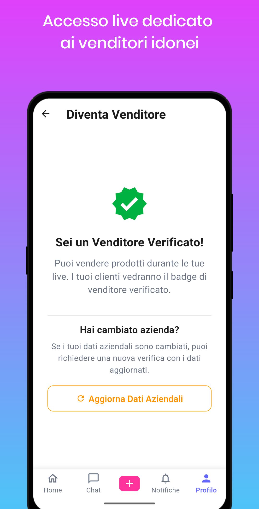 Schermata venditore verificato con accesso alle funzioni di vendita.