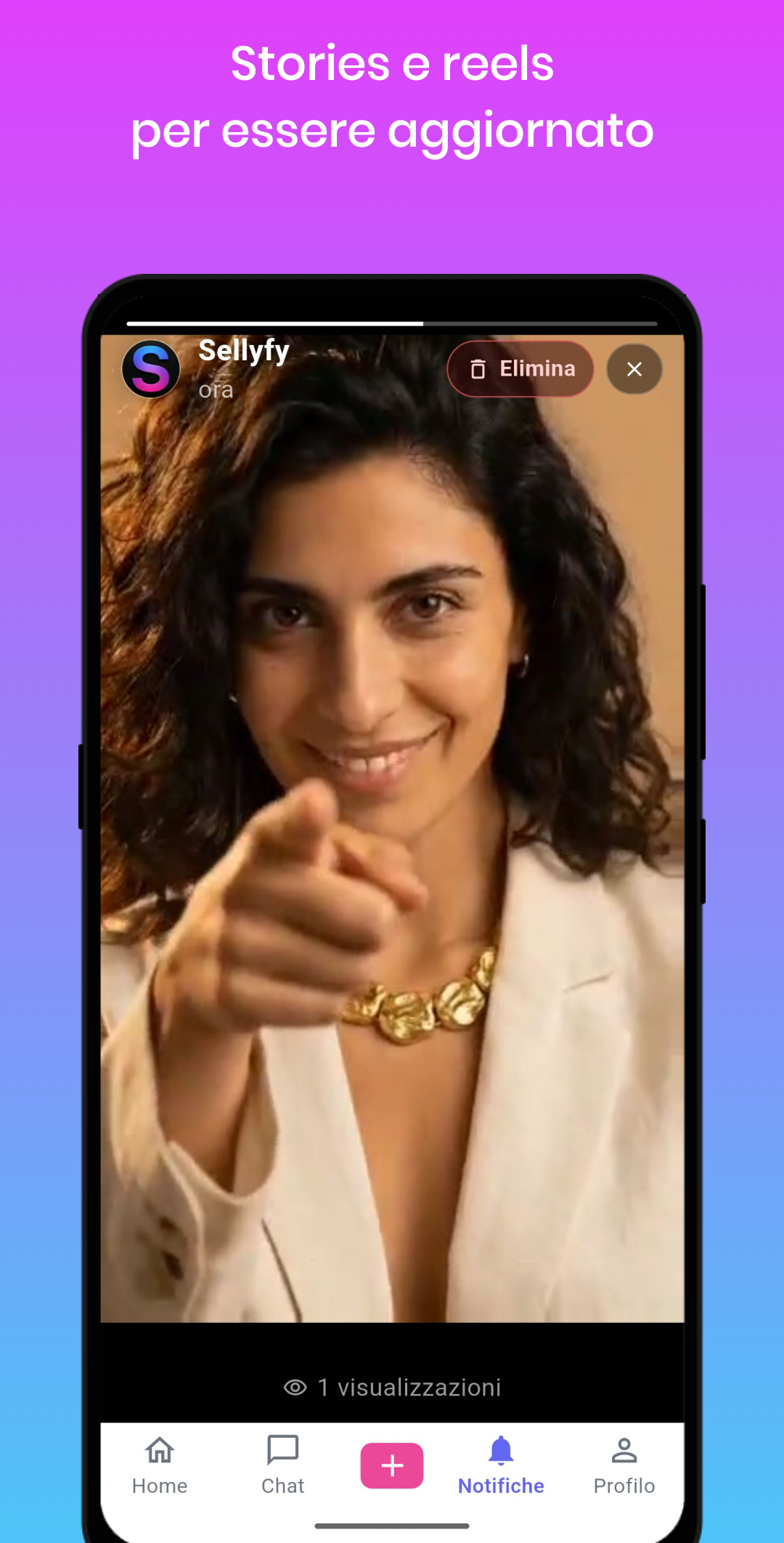 Story Sellyfy con visualizzazione contenuti e notifiche.
